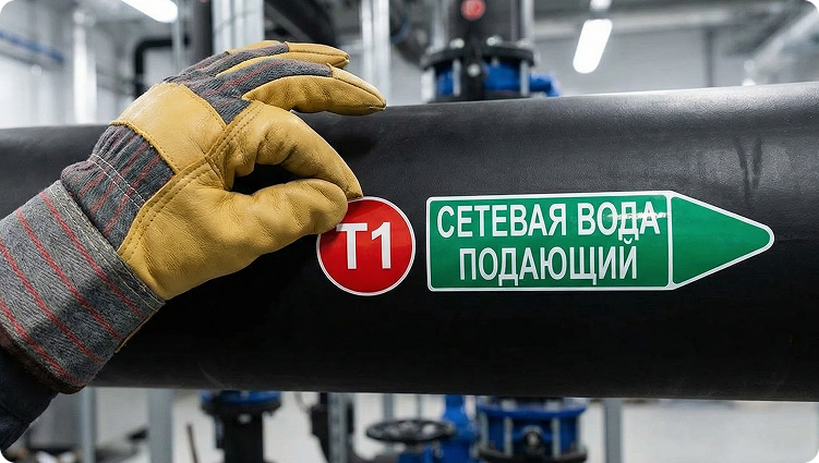 рабочий маркирует трубопровод идентификатором Т1